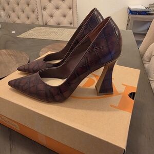 Vince Camuto Croc-Embossed Pointed Toe Pumps in Maroon